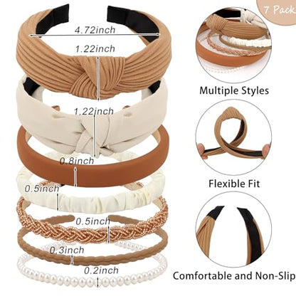 7 Pack Headband for Women Girls Cute Headbands for Women Cute Pearl Beads Solid Knotted Diademas para Mujer de Moda Cute Hair Accessories - color: Neutral