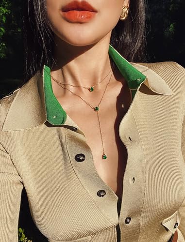 SNGIA Long 18K Gold Plated Blue Green Red Layered Pendant Necklace For Women (Emerald, Ruby, Seafoam, Sky, Sapphire, Pink), Dainty Birthstone Necklace, Statement Necklace Jewelry Gifts. - style: Emerald