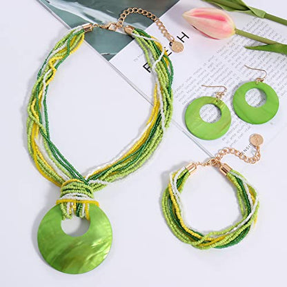 Coiris Multi Strand Statement Colorful Beaded Necklace with Big Circle Shell Pendant for Women - color: ST0012-Jasmine Green