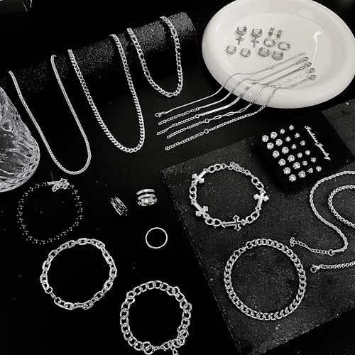 RIOSO Jewelry Set for Men Silver Stainless Steel Cuban Link Necklace Bracelet Rings Hoop Stud Earrings Mens Jewelry Set - size: 10