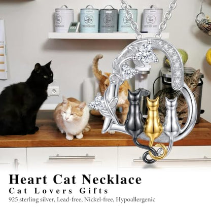 Heart Animal Necklace 925 Sterling Silver Cute Animal Pendant Jewelry Birthday Gifts for Women Girlfriend Mom Animal Lovers - style: 1-5 Three Cat
