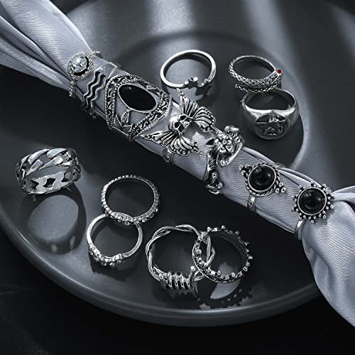 17IF 26-35 Pcs Vintage Silver Knuckle Ring Set for Women Men, Gothic Rings | Grunge Chunky Aesthetic Snake Stackable Adjustable Punk Bulky Finger Alt Fairy Skull Frog Heart Star Flower Midi Ring Pack - style: 26 Pcs