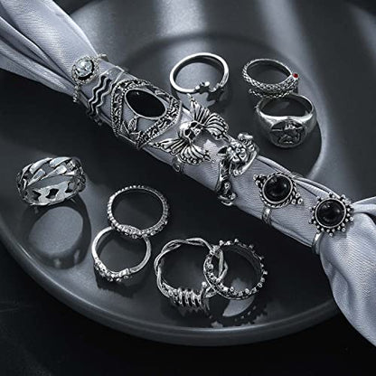 17IF 26-35 Pcs Vintage Silver Knuckle Ring Set for Women Men, Gothic Rings | Grunge Chunky Aesthetic Snake Stackable Adjustable Punk Bulky Finger Alt Fairy Skull Frog Heart Star Flower Midi Ring Pack - style: 26 Pcs