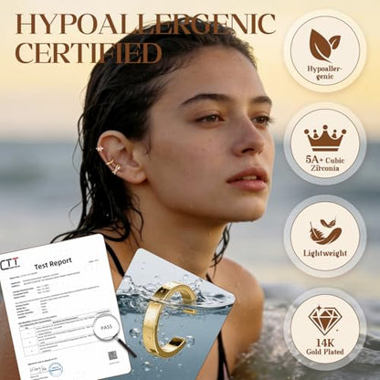 Ear Cuff Earrings for Women Non Piercing Helix Cartilage Clip on Ear Cuffs 14K Gold Plated & Sterling Silver Stainless Steel Hypoallergenic Huggie Hoop Fake Earring Set Jewelry Gift - color: A2-Floral Cuff Set Gold