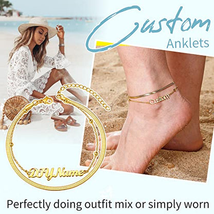 ChainsHouse Double Layer Anklet Bracelet for Women,Adjustable Chain Anklets Stackable Dainty Anklets,Stainless Steel/Gold Plated/Black Ankle Jewelry Gifts - color: B-Gold Plated-Snake Chain