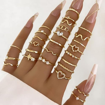 Gold Rings for Women Non Tarnish Stackable Rhinestone Moon Star Rings Dainty Stacking Pearl Butterfly Midi Pinky Thumb Joint Finger Knuckle Ring Set Gold Non Tarnish Jewelry Gifts Trendy Stuff - color: C Gold Stackable Rings 28Pcs