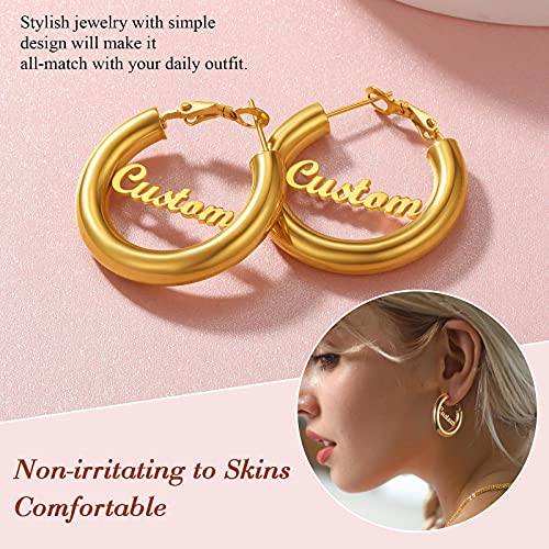 FindChic Hoop Earrings for Women, Silver/Black/14K Gold Plated Hypoallergenic Hollow Round Tube Loop Earrings, 20mm/30mm/40mm/60mm/80mm Chunky Hoops with Custom Name Options & Gift Box - color: f.Gold (Custom Name), size: 30MM