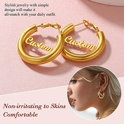 FindChic Hoop Earrings for Women, Silver/Black/14K Gold Plated Hypoallergenic Hollow Round Tube Loop Earrings, 20mm/30mm/40mm/60mm/80mm Chunky Hoops with Custom Name Options & Gift Box - color: f.Gold (Custom Name), size: 30MM