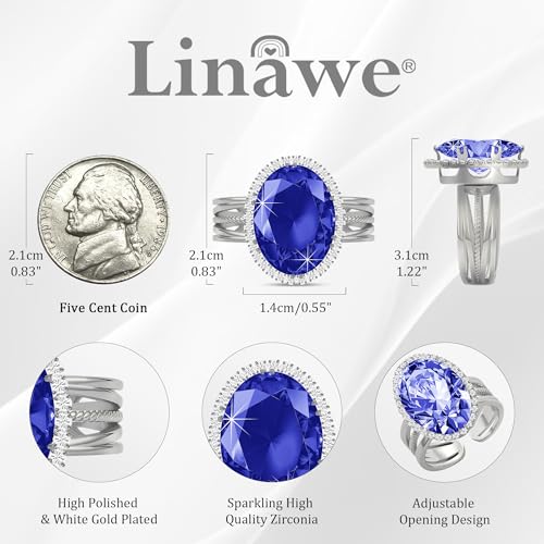 Linawe Costume Jewelry Adjustable Cocktail Ring for Women | Copper, Rhinestone, Cubic Zirconia, Oval, Fake Diamond, Crystal, Stone, Birthstone, Gemstone, Big, Chunky, Statement - color: White Navy