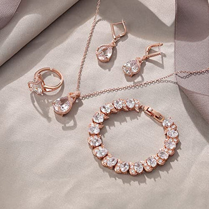 EVER FAITH Wedding Jewelry Set for Bride Bridesmaid, Glamour Teardrop Cubic Zirconia Pendant Necklace Earrings Tennis Bracelet Open Ring Sets for Birthday/Valentine's Day/Mother's Day/Christmas - color: A_Clear Rose Gold-Plated-Brass