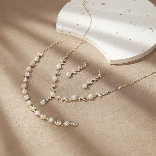 EleQueen Women's Simulated Pearl Wedding Jewelry Set for Brides | Cubic Zirconia Necklace Earrings Bracelet Set for Brides Bridesmaids, Bridal Jewelry Set for Anniversary/Memorial Day - style: Elegant Necklace Set Gold-Plated-Base