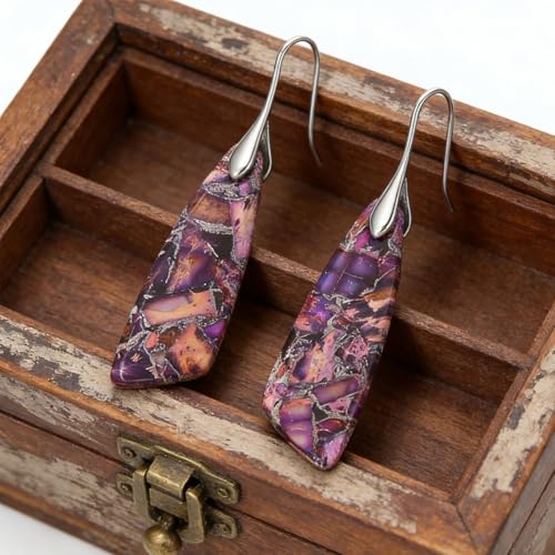 Boho Natural Imperial Jasper Teardrop Dangle Earrings for Women – Hypoallergenic French Hook Stone Drop Earrings Jewelry - color: Purple Silvery Hook