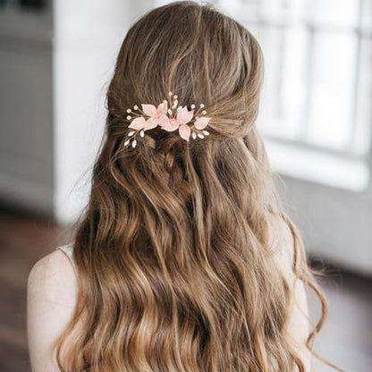 Wedding Hair Clips, Crystal Hair Pins Pearl Rhinestone Hair Barrettes, Bridal Flower Hair Pieces Pearl Headpieces Hair Accessories for Women Girls (Light Pink) - color: Light Pink