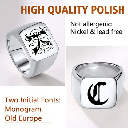 FindChic Customized Signet Photo Rings Square/Heart/Round Chunky Band Ring Stainless Steel/18K Gold Plated/Black Size 7 to 14 Personalized Jewelry for Men Women, Send Gift Box - color: 01. personalized monogram square (stainless steel)