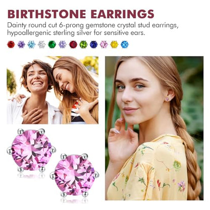 DAYBYDAY 925 Sterling Silver Birthstone Earrings for Women, Crystal Stud Earrings, 6.5mm Round Cut Solitaire Gemstone Earrings Birthday Jewelry - style: Round Cut-10. Oct/created pink sapphire