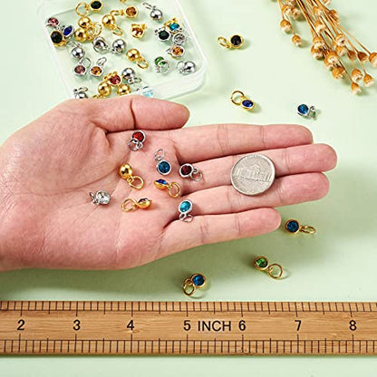 Cheriswelry 48Pcs 7.5mm Silver Gold Flat Round Alloy Glass Rhinestone Charms Birthstone Pendants Tiny Dangle Charms for DIY Necklace Earring Bracelet Jewelry Making Crafts - color: Mixed Color