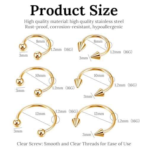 Yolev 6pcs Horseshoe Nose Ring 16g Surgical Steel Septum Piercing Jewellery Horseshoe Hoop Earring Lip Rings Ear Helix Cartilage Daith Conch Horse Shoe Nose Ring For Women Men 8/10/12mm Gold
