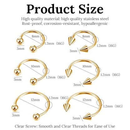 Yolev 6pcs Horseshoe Nose Ring 16g Surgical Steel Septum Piercing Jewellery Horseshoe Hoop Earring Lip Rings Ear Helix Cartilage Daith Conch Horse Shoe Nose Ring For Women Men 8/10/12mm Gold
