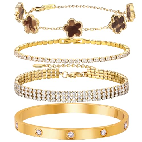 18 K Gold Plated Love Bangle Bracelet Stack for Women,Set of 4 Floral Clover Chain, Tennis Crystal &Gold Stackable Bangle Bracelet -Adjustable Layered Jewelry Gift for Wife Valentines Mother's Day-MVCOLEDY - color: Brown and White CZ