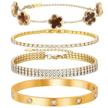 18 K Gold Plated Love Bangle Bracelet Stack for Women,Set of 4 Floral Clover Chain, Tennis Crystal &Gold Stackable Bangle Bracelet -Adjustable Layered Jewelry Gift for Wife Valentines Mother's Day-MVCOLEDY - color: Brown and White CZ
