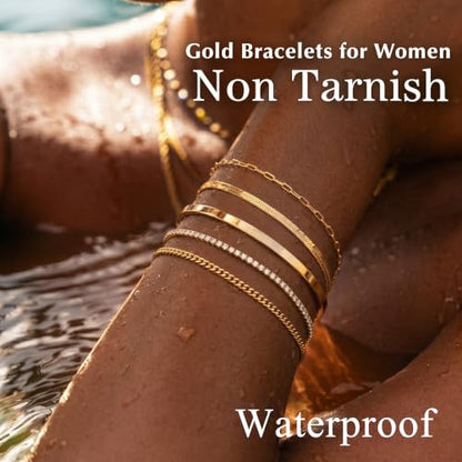 Dainty Gold Bracelet for Women Trendy Non Tarnish, Thin Bracelets Stackable Set with Bangle Cuff, Box, Herringbone, Paperclip, Figaro, Sparkling Link Chains Waterproof, Simple Jewelry Gifts for Women - color: Gold-tennis/cuban/bangle/paperclip/snake