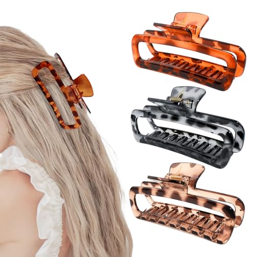 3 Pack Hair Claw Clips 5.1 Inch Large Square Rectangle Jaw Clips Plastic Hollow Strong Hold XL Claw Clip for Thick Curly Long Hair Women Glossy Black Amber Red Yellow - color: Glossy Black&Amber Red&Yellow