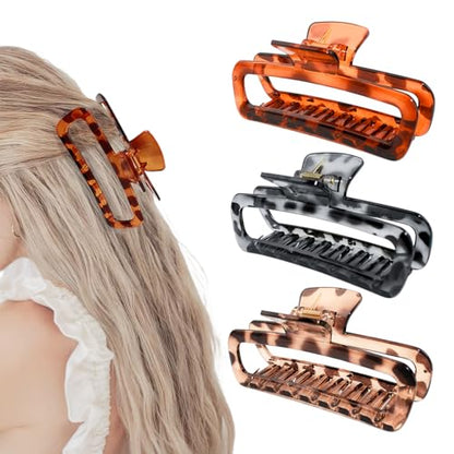 3 Pack Hair Claw Clips 5.1 Inch Large Square Rectangle Jaw Clips Plastic Hollow Strong Hold XL Claw Clip for Thick Curly Long Hair Women Glossy Black Amber Red Yellow - color: Glossy Black&Amber Red&Yellow