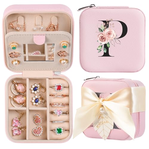 AYGXU Travel Jewelry Box for Women and Girls - Small Case With Initial A-Z - Teacher Gifts - color: pink, size: P