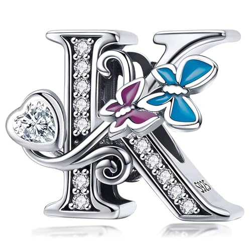 S925 Silver Butterfly Initial Letter Charms Fit for Pandora Charms Bracelets and Necklace Alphabet Bead Charms Jewelry Gifts for Women - color: K