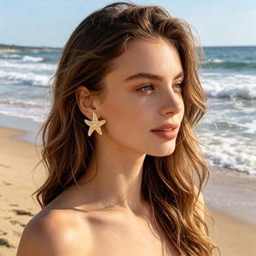 Gold Statement Earrings For Women, 14K Gold Plated Textured Geometric Drop Earrings - Hypoallergenic Stainless Steel Statement Earrings for Women, Waterproof Fan-Shaped Dangle Earrings for Beach & Daily Wear - color: Starfish CZ DKE252030GL