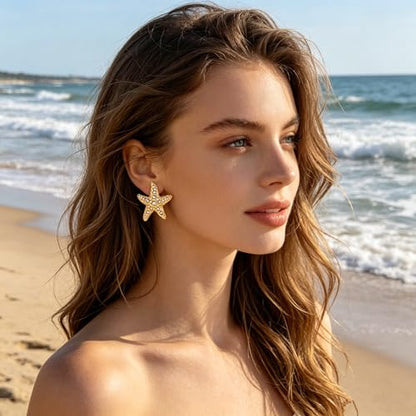 Gold Statement Earrings For Women, 14K Gold Plated Textured Geometric Drop Earrings - Hypoallergenic Stainless Steel Statement Earrings for Women, Waterproof Fan-Shaped Dangle Earrings for Beach & Daily Wear - color: Starfish CZ DKE252030GL