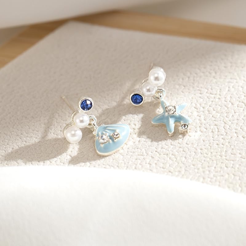 Starfish Shell Mismatched Drop Earrings for Women Blue Ocean Theme Dangle Earrings with Pearl Crystal Accents