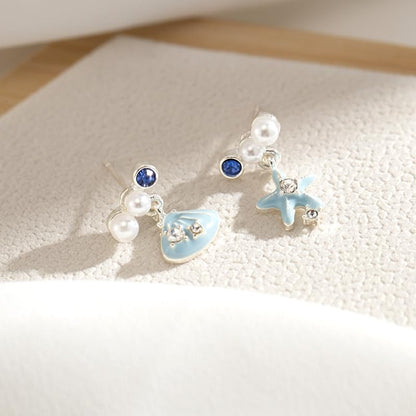 Starfish Shell Mismatched Drop Earrings for Women Blue Ocean Theme Dangle Earrings with Pearl Crystal Accents