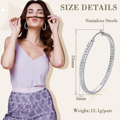 2 Inch Earrings for Women, Large Hoop Earrings for Women Rhinestone Crystal Stainless Steel Earrings - color: Silver