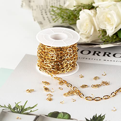 UMAOKANG 16.4 Feet Gold Plated Link Chain for Jewelry Making Stainless Steel Paperclip Chain Bulk with Jump Rings Lobster Clasps for Jewelry Bracelet Necklace Choker Making Supplies - color: Gold Square
