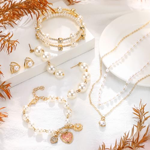 Glenmal Pearl Rhinestone Jewelry Set for Women Pearl Necklace Bracelet Earrings for Wedding Halloween Bridal Shower Tea Party - style: Stylish Style