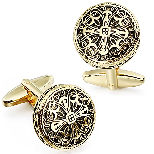 HAWSON Cufflinks and Studs for Men-Fashion Men Vintage Enamel Carbon Fiber Tuxedo Shirt Cufflinks and Studs Set for Regular Wedding Business Accessories - color: Gold Hollow Flowers Cufflinks