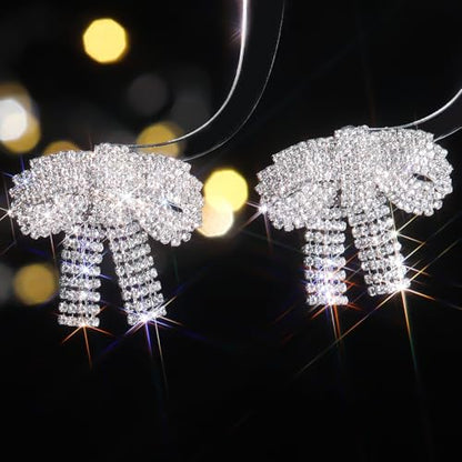 Rhinestone Earrings Dangling for Women Sparkly Silver Dangle Earrings Girls Long Chandelier Earrings Tassel Lightweight Ear Studs Cubic Zirconia (KE001S-W) - color: Bow BXE013S