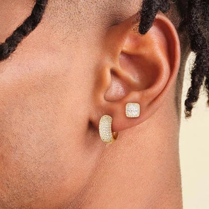 Earrings for Men 14K Gold Plated Hypoallergenic Mens Hoop Earrings | Cubic Zirconia Round/Square Stud with Huggie Hoop Earring Set,Mens Cartilage Studs for Sensitive Ear,Jewelry Gift for Him - color: Square Stud & Huggie - Gold