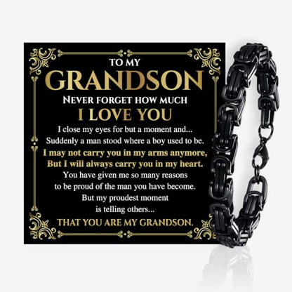 Grandson Gifts from Grandma Grandpa, Black Stainless Steel Bracelet with Meaningful Message Card, Birthday Gift for Grandson, Graduation Christmas Gift, Inspirational Keepsake Jewelry for Men - color: Grandson #1