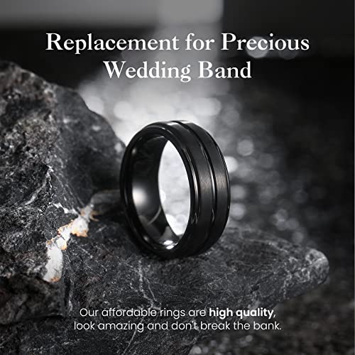 King Will Mens Tungsten Carbide Wedding Band with Groove Design | 6/7/8mm Width, Grooved, Comfort Fit, Everyday Wear - color: Black-8mm