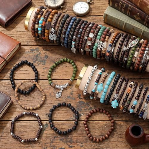 Tondiamo 48 Pcs Punk Wooden Beads Bracelets Gothic Bracelet for Men Adjustable Bulk Vintage Beaded Bracelet Metal Set Wood Bangles Wristbands Commemorative Gift