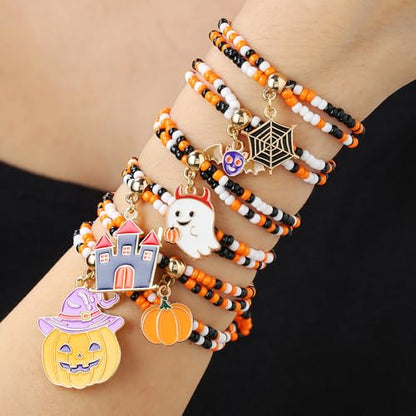 Heishi Surfer Clay Bead Bracelets Set for Women - Preppy Smile Evil Eye Beaded Stretch Bracelets Elastic Layering Friendship Bracelets- Stackable Boho Disc Summer Jewelry Set - color: Halloween Bracelets -6pc layer B