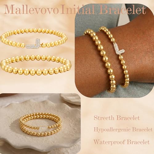 Initial Stack Bracelet Set for Women Trendy 14K Gold Plated Beaded Stackable Stacking Stretch Name Bracelets Dainty Friendship Waterproof Charm Cute Birthday Jewelry Gifts for Women - color: Initial L