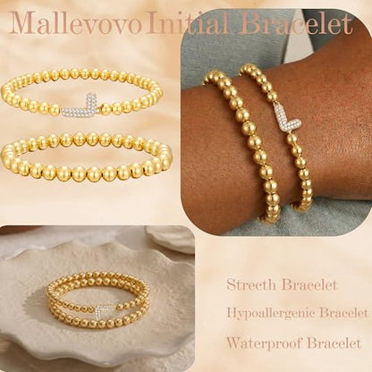 Initial Stack Bracelet Set for Women Trendy 14K Gold Plated Beaded Stackable Stacking Stretch Name Bracelets Dainty Friendship Waterproof Charm Cute Birthday Jewelry Gifts for Women - color: Initial L