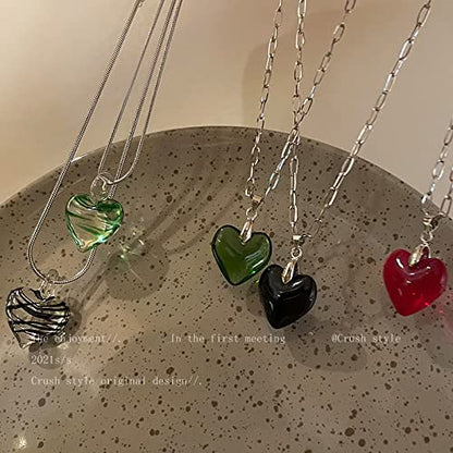 Yocoyee Dainty Colorful Glass Heart Shape Pendant Necklace Stainless Steel Link Rope Chian Love Heart Charms Pendant Necklace Y2K Trendy Jewelry Accessories for Women Jewelry - color: Green