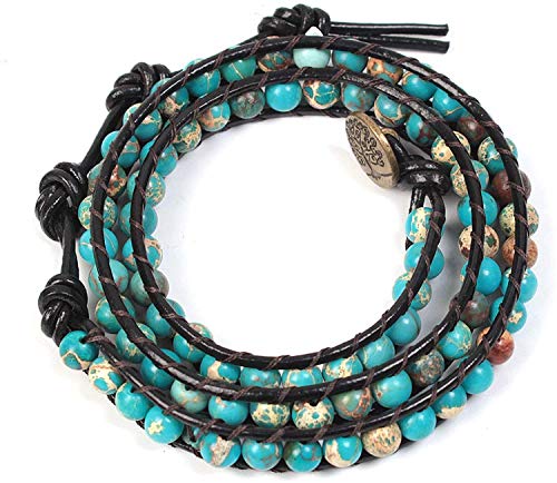Boho Wrap Bead Bracelet for Women - Handmade Adjustable Natural Stone Beaded Bracelets Yoga Healing Bracelet Bangle Hippie Jewelry - color: Blue Emperor Stone