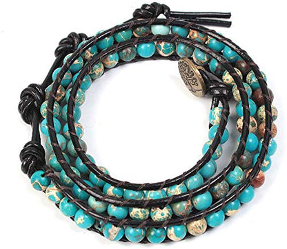 Boho Wrap Bead Bracelet for Women - Handmade Adjustable Natural Stone Beaded Bracelets Yoga Healing Bracelet Bangle Hippie Jewelry - color: Blue Emperor Stone