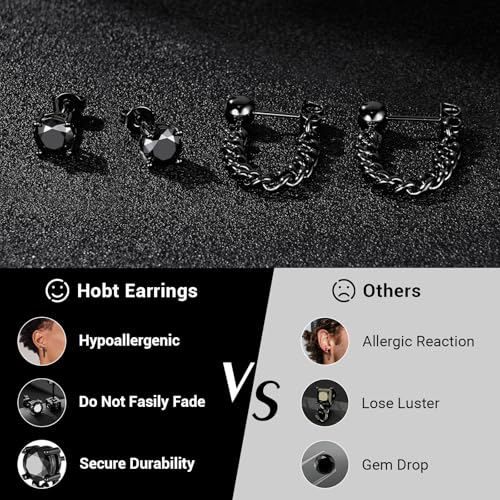 Black Moissanite Stud Earrings for Men Women with Dangling Cuban Links Hypoallergenic Punk Hoop Earrings Mens Jewelry Gifts - color: C- 1.6 carats-(0.8ct*2)-6mm Round Moissanite Studs ‌&‌ 5mm Bead Chain Hoops