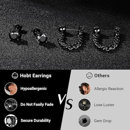 Black Moissanite Stud Earrings for Men Women with Dangling Cuban Links Hypoallergenic Punk Hoop Earrings Mens Jewelry Gifts - color: C- 1.6 carats-(0.8ct*2)-6mm Round Moissanite Studs ‌&‌ 5mm Bead Chain Hoops